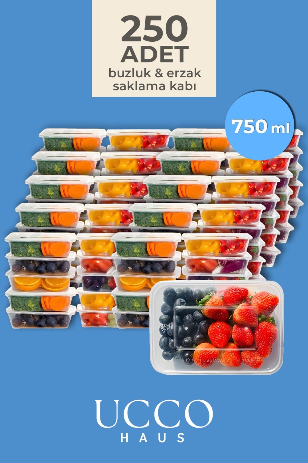 250 ADET 750 ml Ekonomik Buzdolabı Dondurucu Erzak Sızdırmaz Saklama Kabı Seti Buzluk Organizer