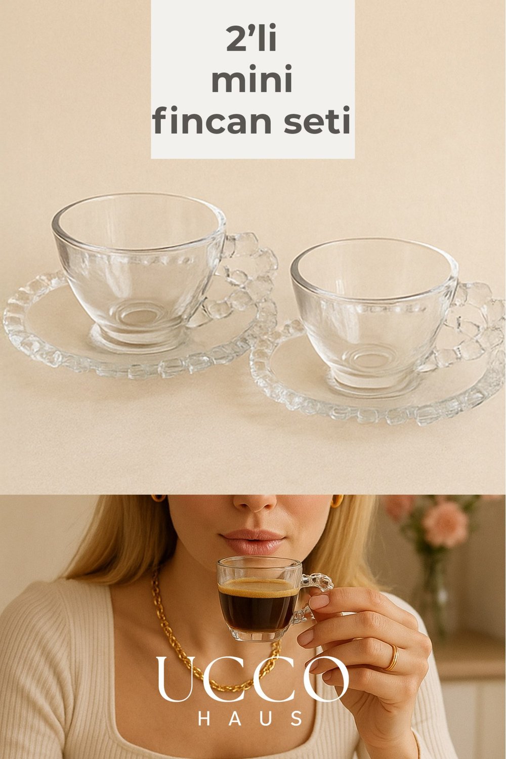 2li Cam Fincan Seti | 2 Bardak + 2 Tabak Kahve Fincanı Çay Fincanı | Şık Kahve ve Çay Sunum Bardağı