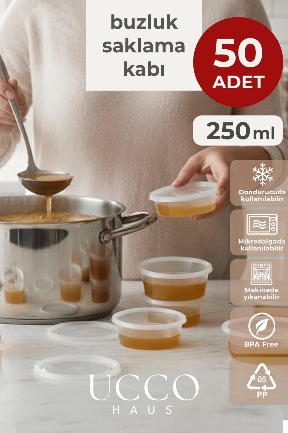 50 Adet 250 ml Sızdırmaz Kapaklı Sosluk Buzluk Saklama Kabı, Et Suyu, Kemik Suyu Mutfak Organizeri