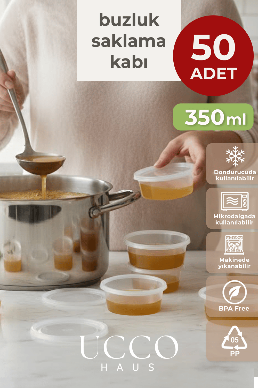 50 Adet 350 ml Sızdırmaz Kapaklı Sosluk Buzluk Saklama Kabı, Et Suyu, Kemik Suyu Mutfak Organizeri