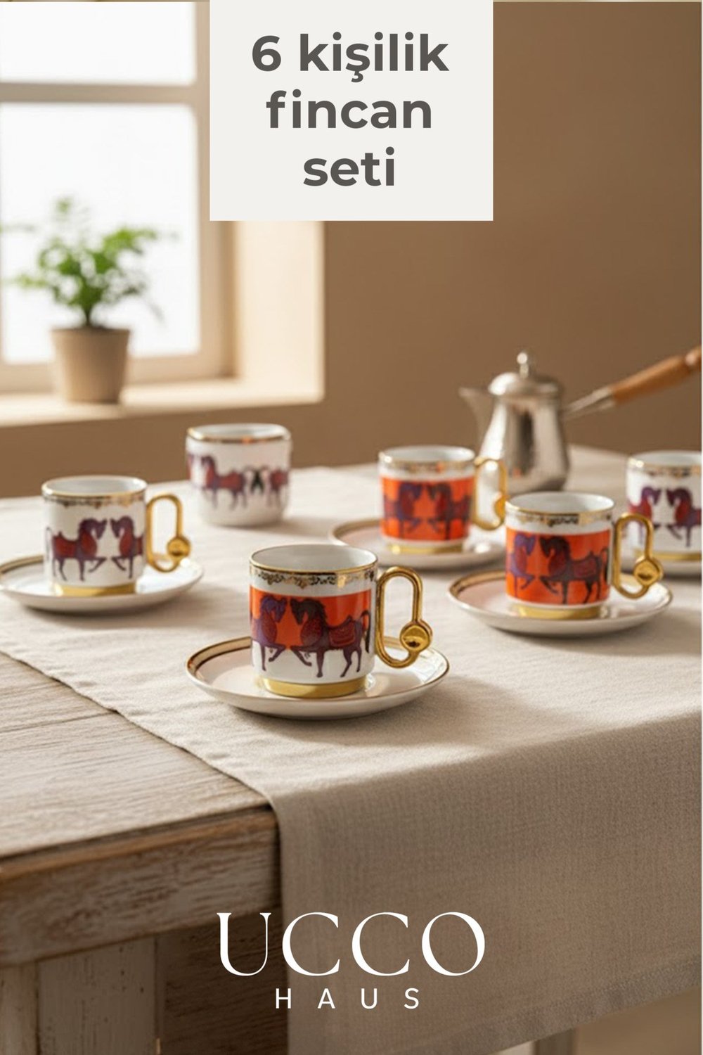 Altın Yaldızlı 6lı 80 ml Porselen Kahve Fincan Takımı – At Motifli Premium Seri - Espresso Bardağı