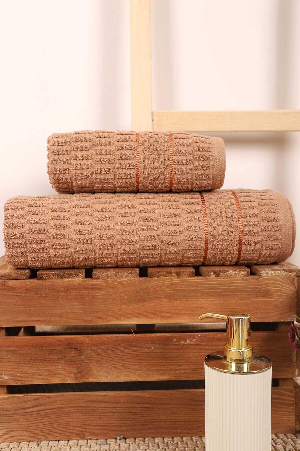 2 Parça Banyo Havlu Takımı %100 Pamuklu Çubuk Desen Kahverengi