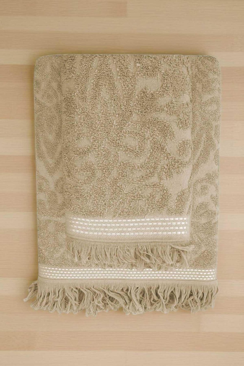 2 Parça Jakarlı Banyo Havlu Takımı %100 Pamuklu 90x150 Cm Arden Bej