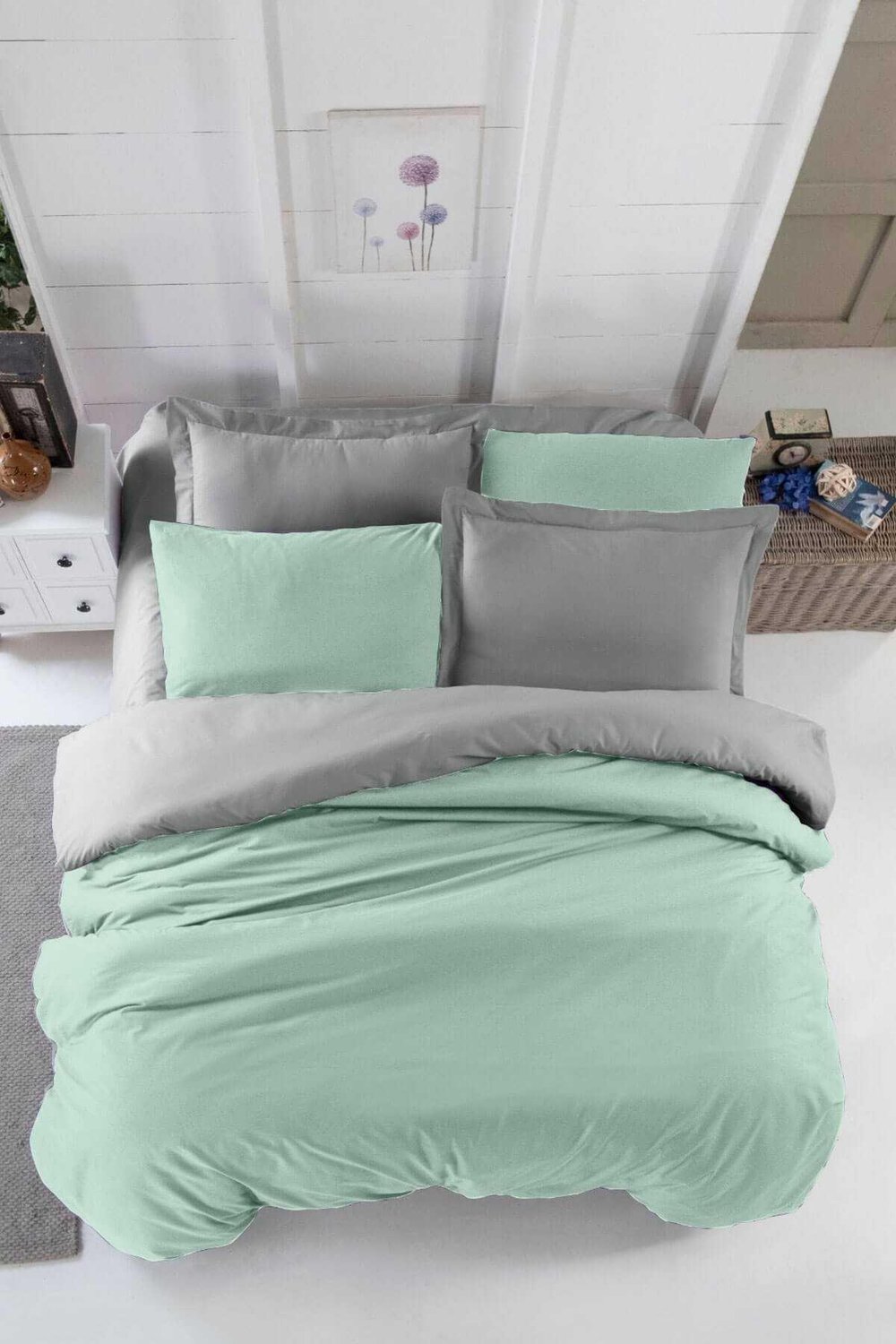 Çift Kişilik Lastikli Çarşaflı Nevresim Takımı Pamuklu Four Season Mint Gri