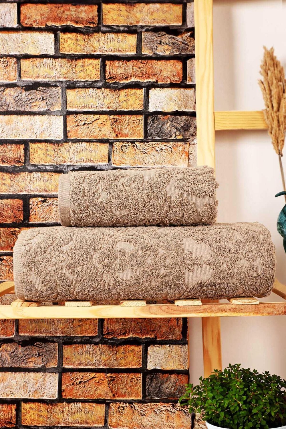 Mira Home 2 Parça Jakarlı Banyo Havlu Takımı Doku Desen Kahve