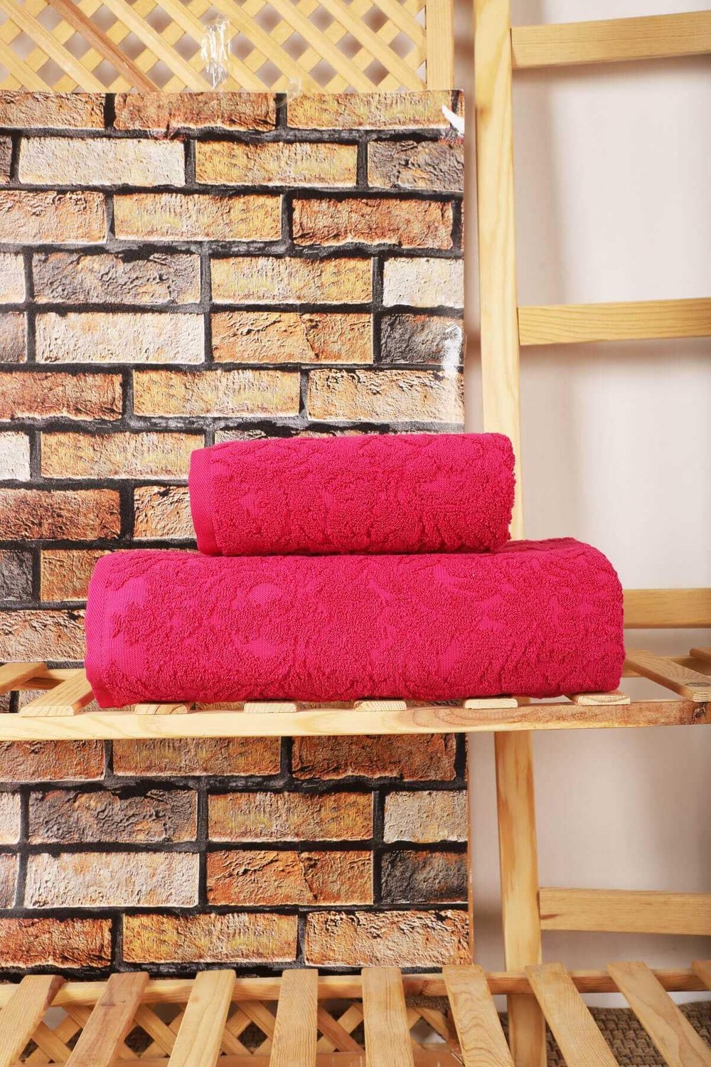 Mira Home 2 Parça Jakarlı Banyo Havlu Takımı Doku Desen Fuşya