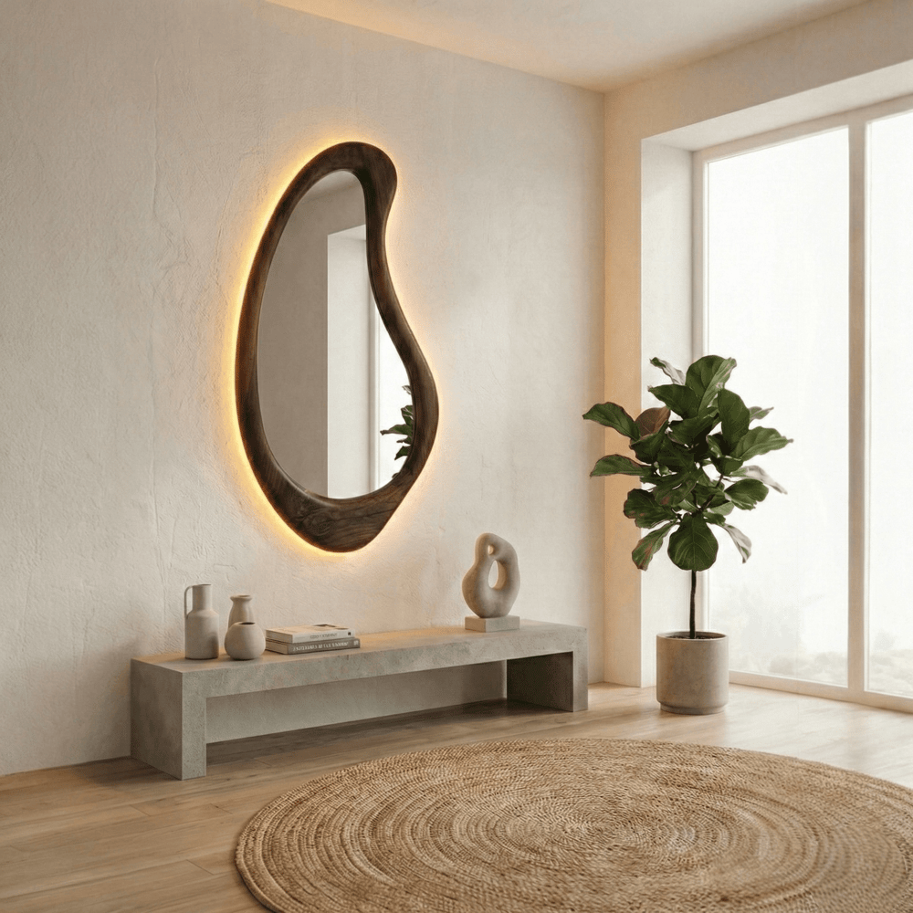 Ceviz Çerçeveli Amber LED'li Armut Modeli Ayna