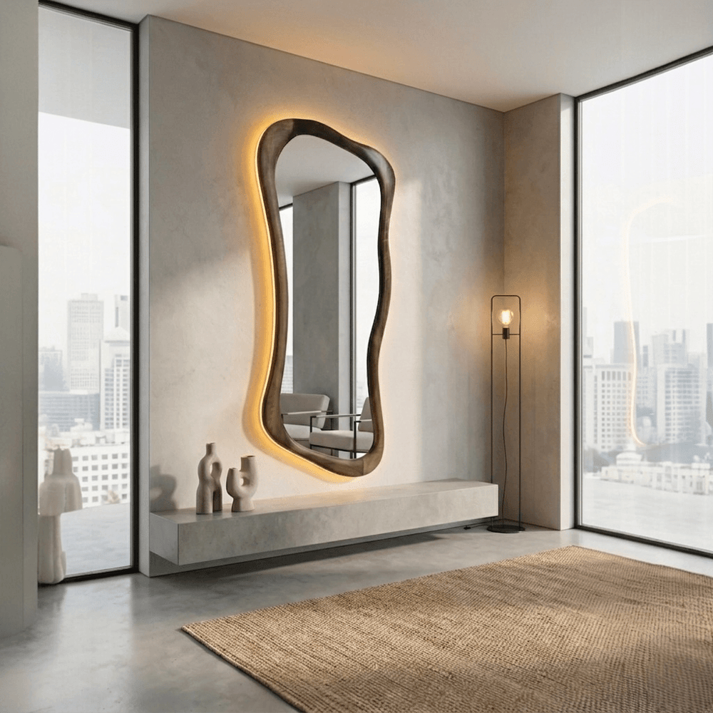 Ceviz Çerçeveli Amber LED'li Asimetrik Model Boy Aynası