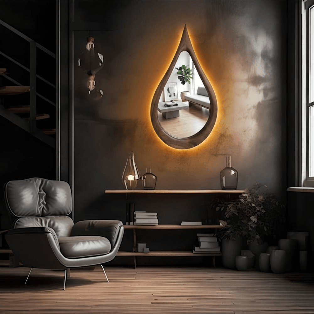 Ceviz Çerçeveli Amber LED'li Damla Modeli Ayna