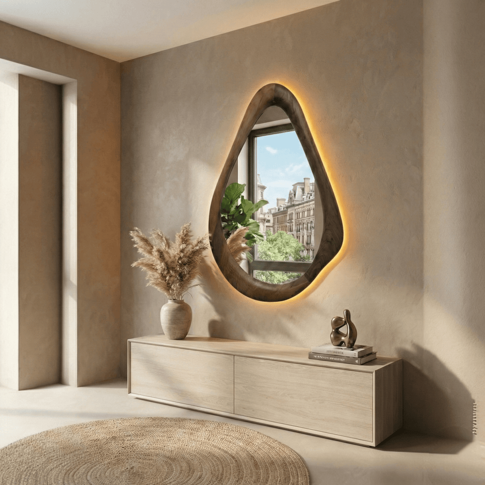 Ceviz Çerçeveli Amber LED'li Yuvarlak Damla Modeli Ayna