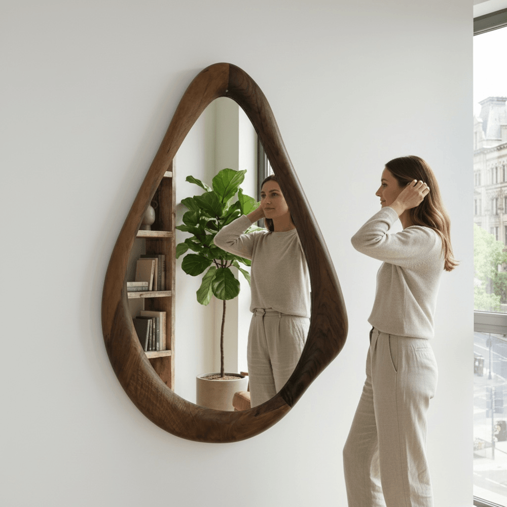 Ceviz Çerçeveli Yuvarlak Damla Modeli Ayna