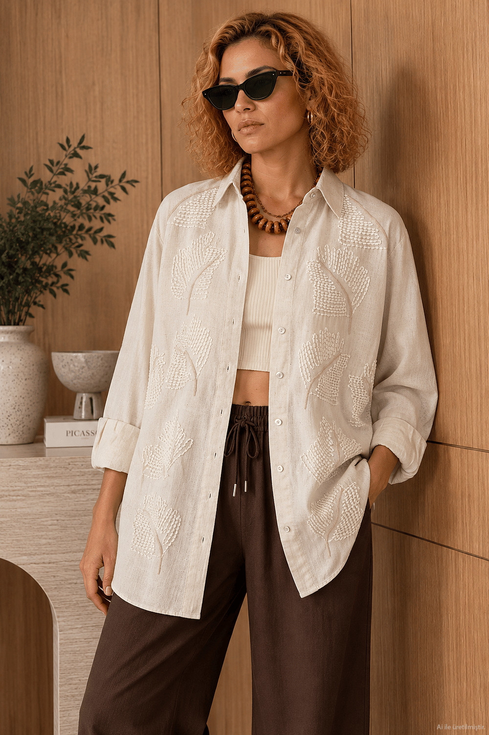 Naturel Nakış Detaylı Oversize Pamuk Keten Gömlek