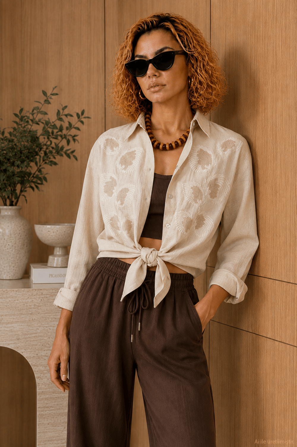 Naturel Nakış Detaylı Oversize Pamuk Keten Gömlek
