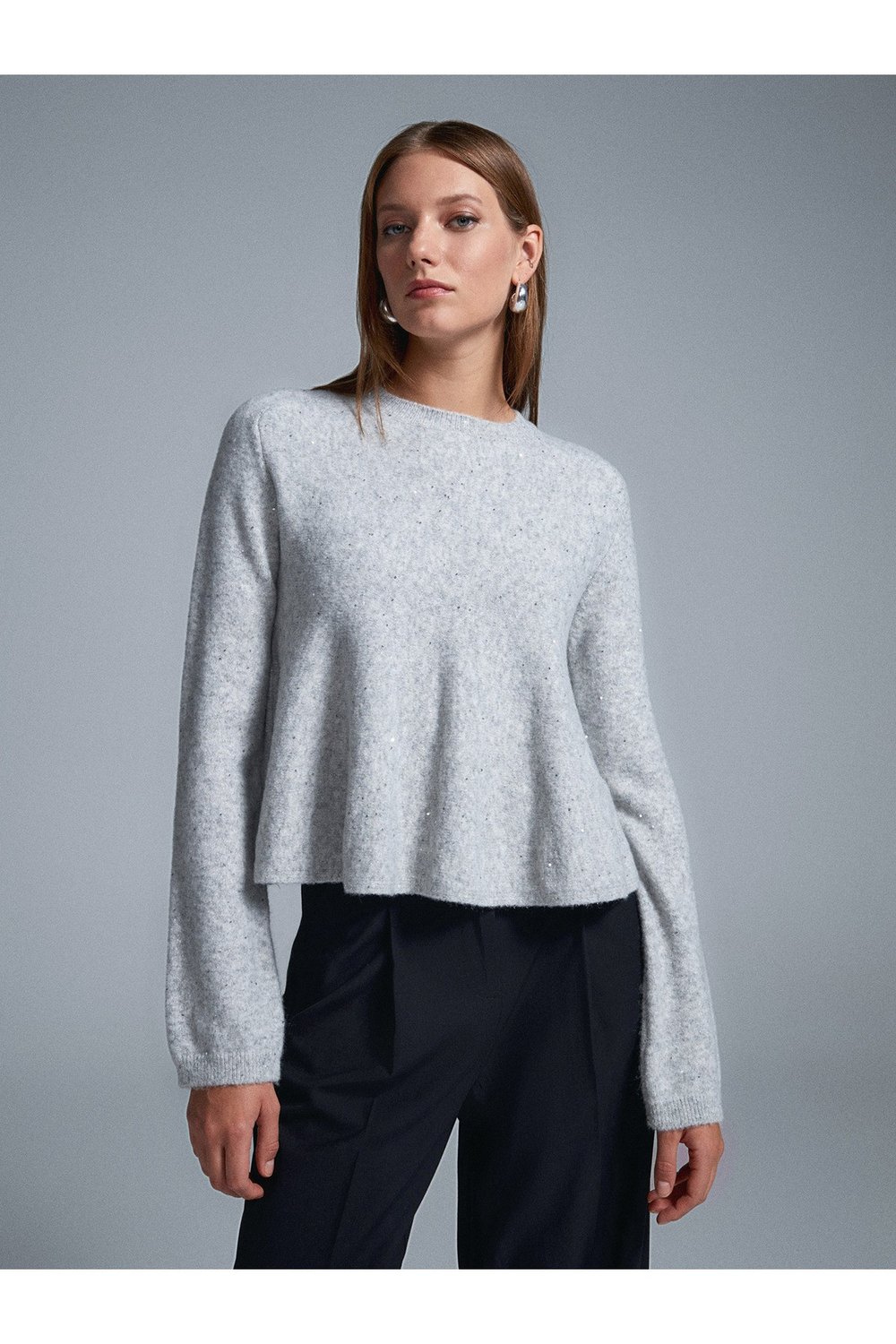 10832 Peplum Parıltılı Triko Kazak-Gri
