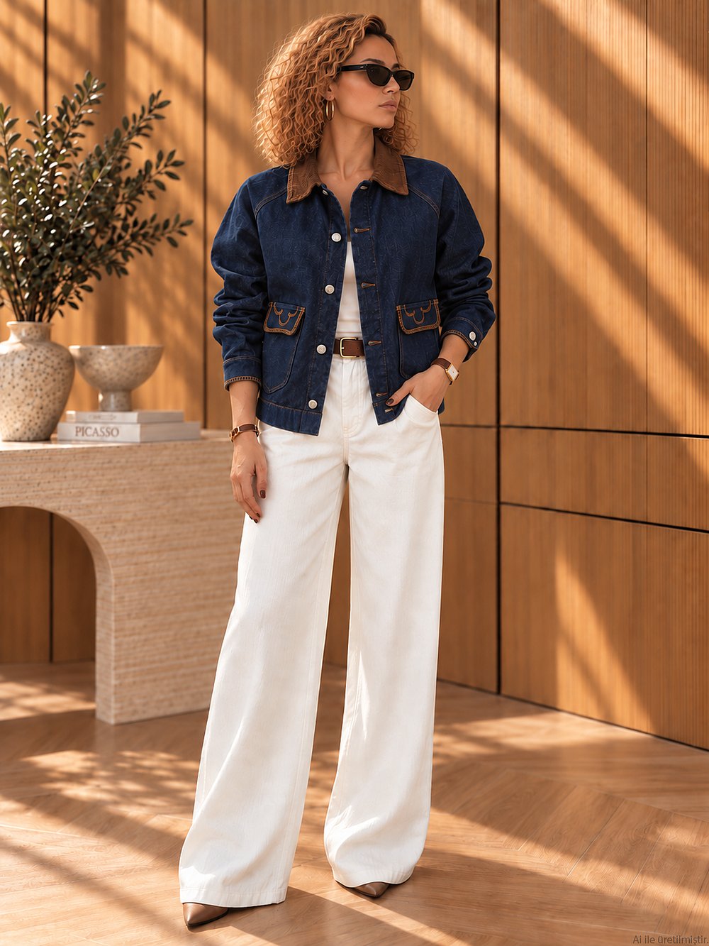 Lacivert Denim Kahve Kadife Yaka Cepli Nakışlı Ceket