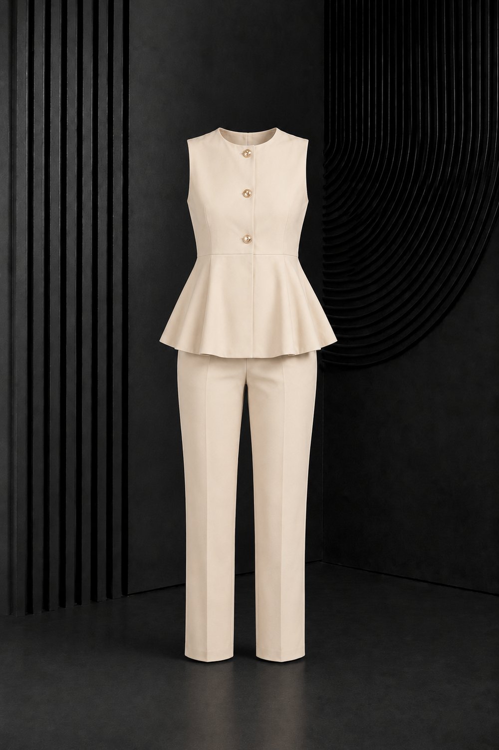 Taş Gold Düğmeli Peplum Detaylı Kolsuz Yelek Pantolon Takım