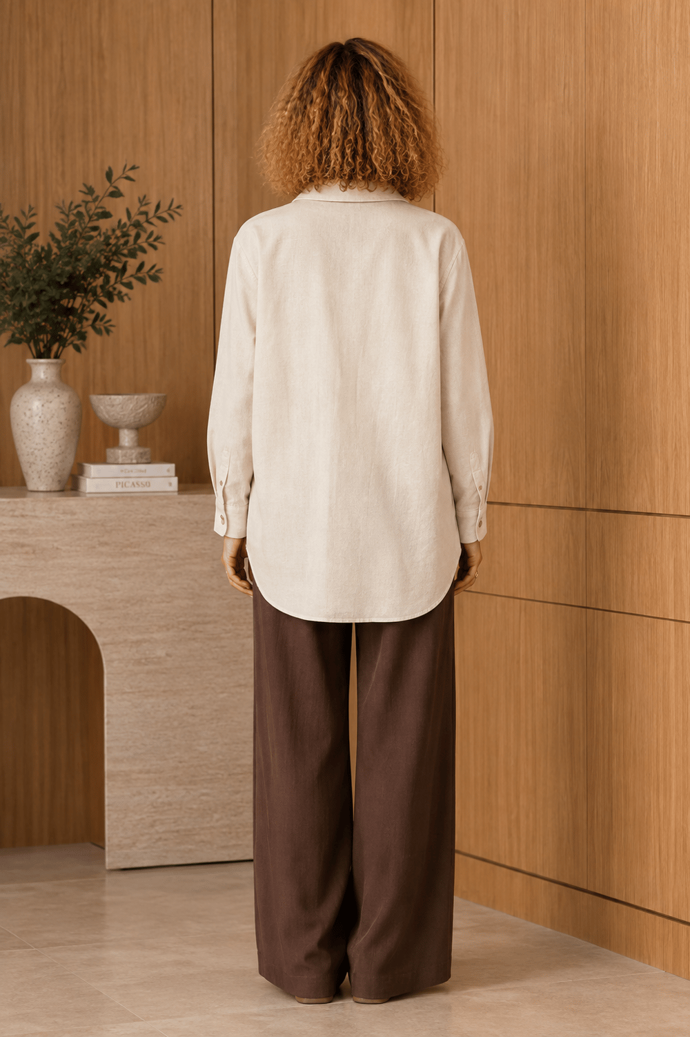 Naturel Nakış Detaylı Oversize Pamuk Keten Gömlek