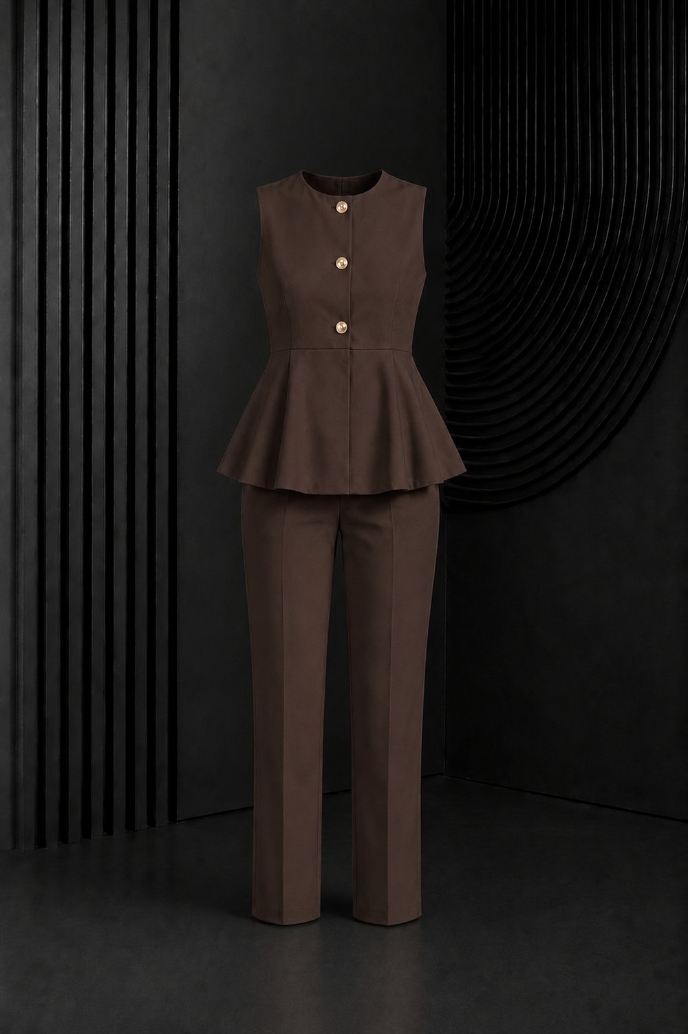 Kahve Gold Düğmeli Peplum Detaylı Kolsuz Yelek Pantolon Takım