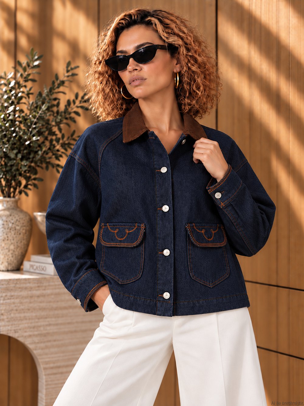 Lacivert Denim Kahve Kadife Yaka Cepli Nakışlı Ceket