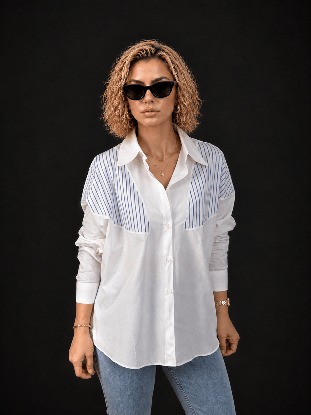 Beyaz-Lacivert Çizgi Detaylı Oversize %100 Pamuk Poplin Gömlek