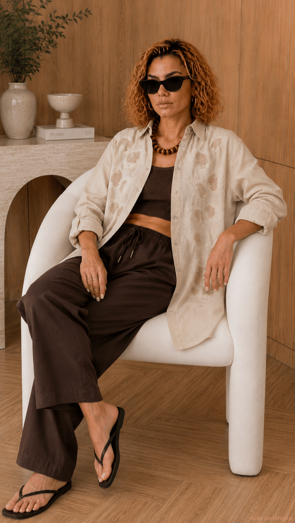 Naturel Nakış Detaylı Oversize Pamuk Keten Gömlek
