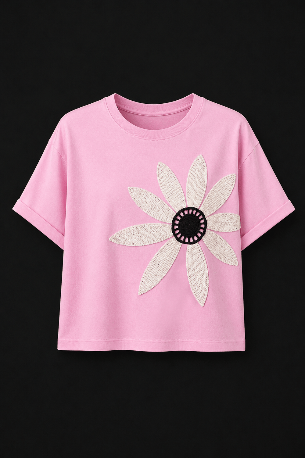 Pembe Pamuklu Bisiklet Yaka Rahat Kalıp Papatya Nakışlı T-Shirt