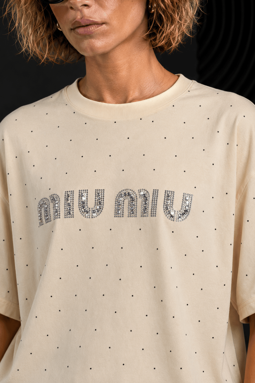 Açık Sarı Taş İşlemeli Oversize Bisiklet Yaka %100 Pamuk T-shirt
