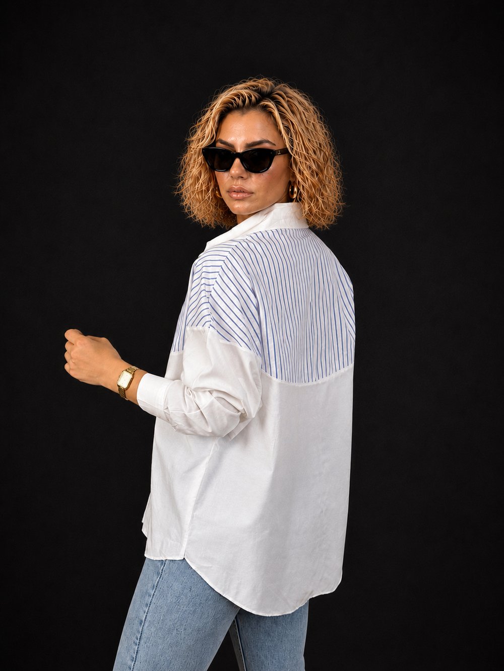 Beyaz-Lacivert Çizgi Detaylı Oversize %100 Pamuk Poplin Gömlek
