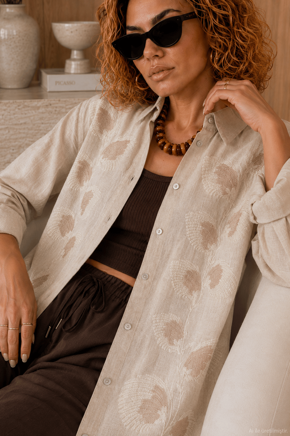 Naturel Nakış Detaylı Oversize Pamuk Keten Gömlek