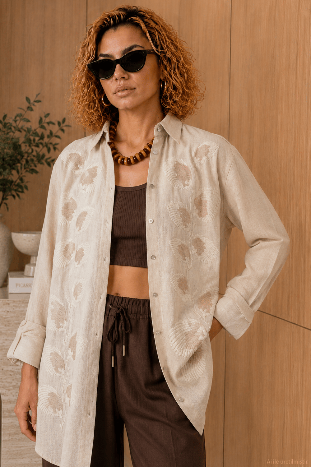 Naturel Nakış Detaylı Oversize Pamuk Keten Gömlek