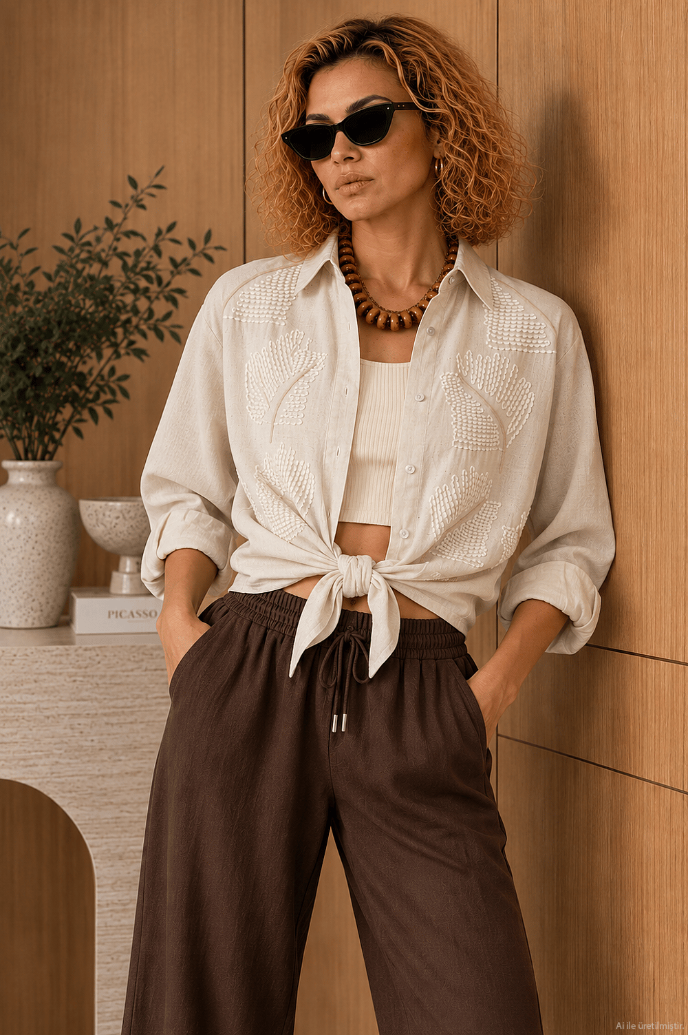 Naturel Nakış Detaylı Oversize Pamuk Keten Gömlek
