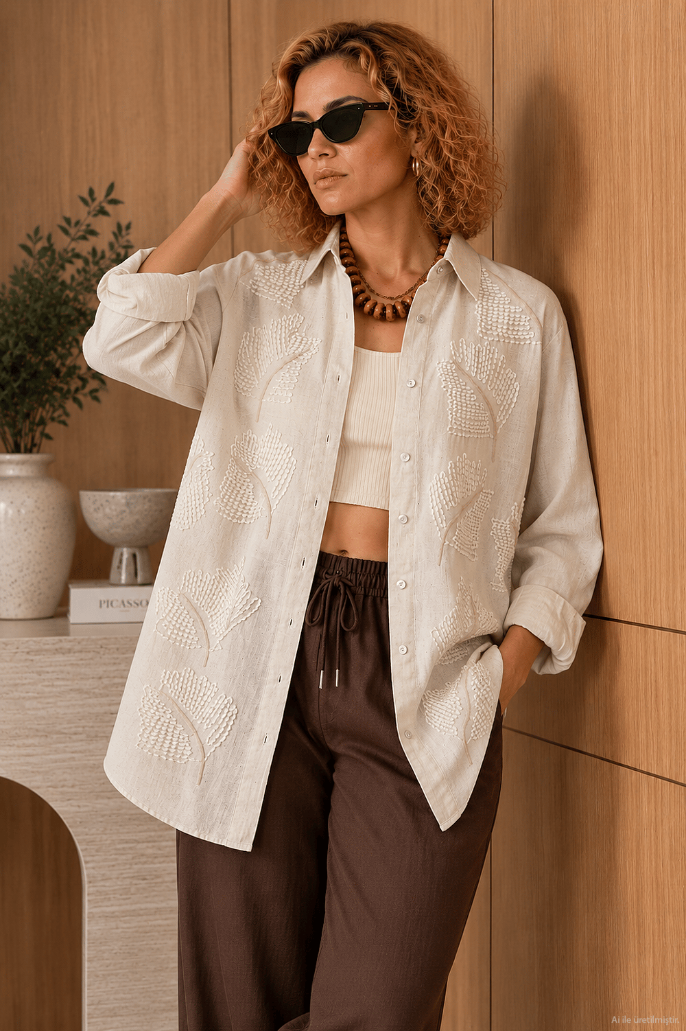 Naturel Nakış Detaylı Oversize Pamuk Keten Gömlek