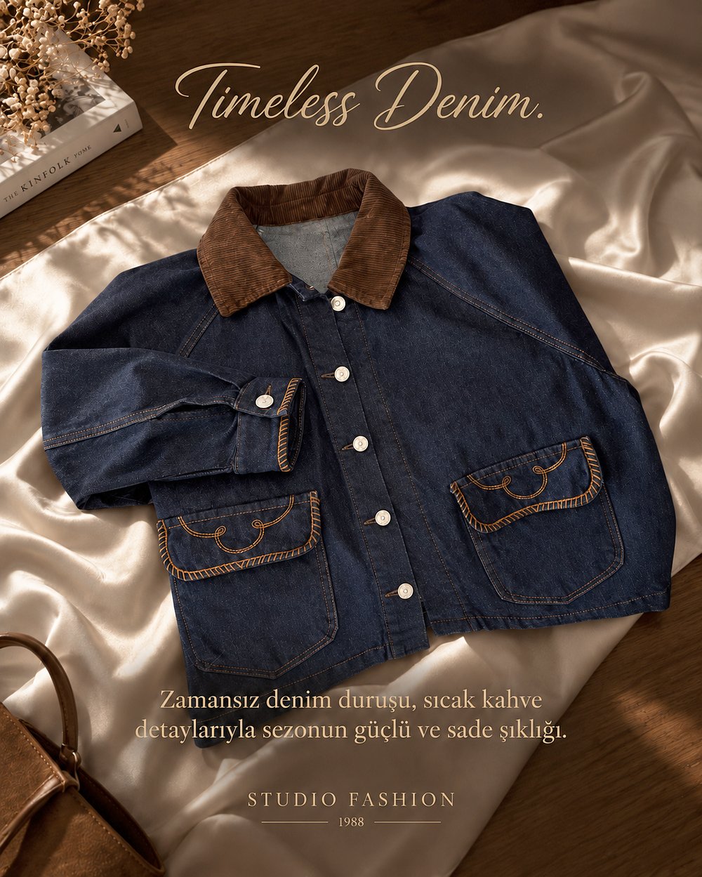 Lacivert Denim Kahve Kadife Yaka Cepli Nakışlı Ceket
