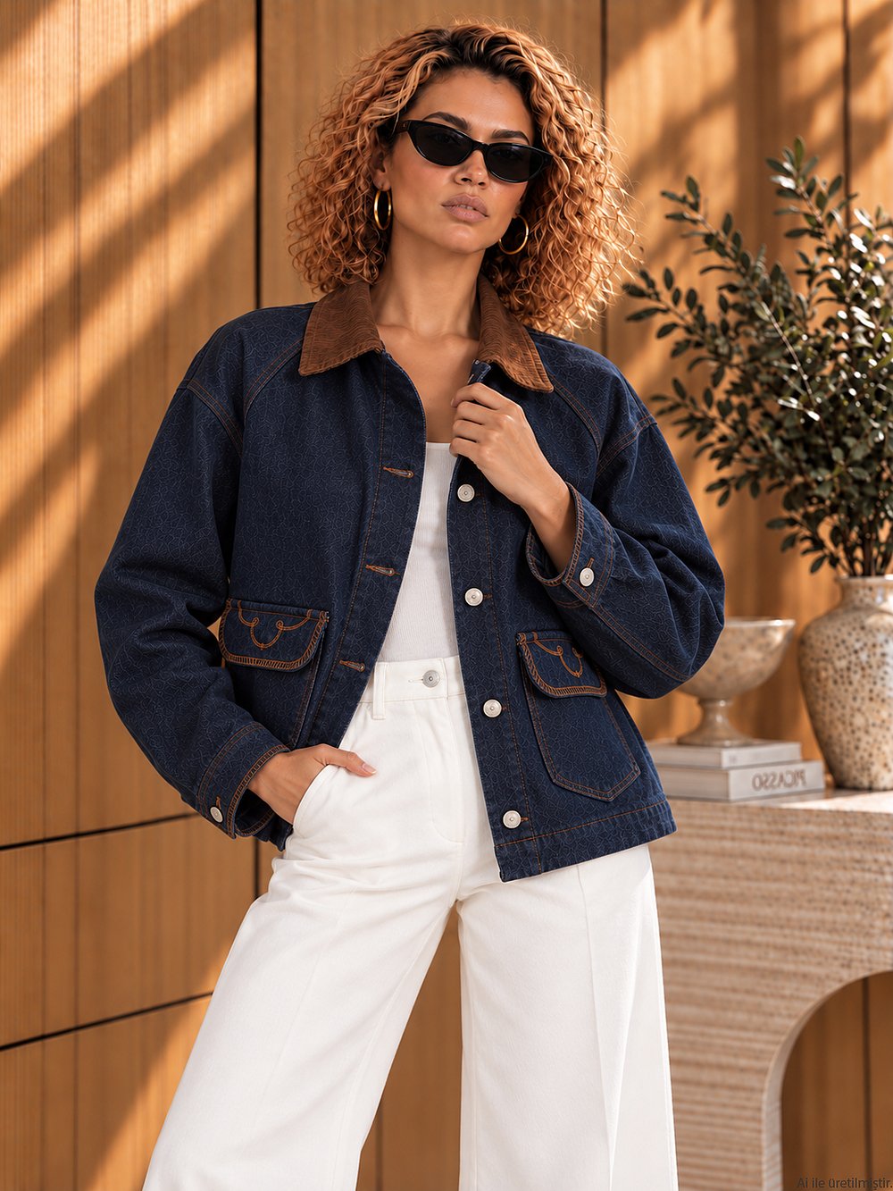 Lacivert Denim Kahve Kadife Yaka Cepli Nakışlı Ceket