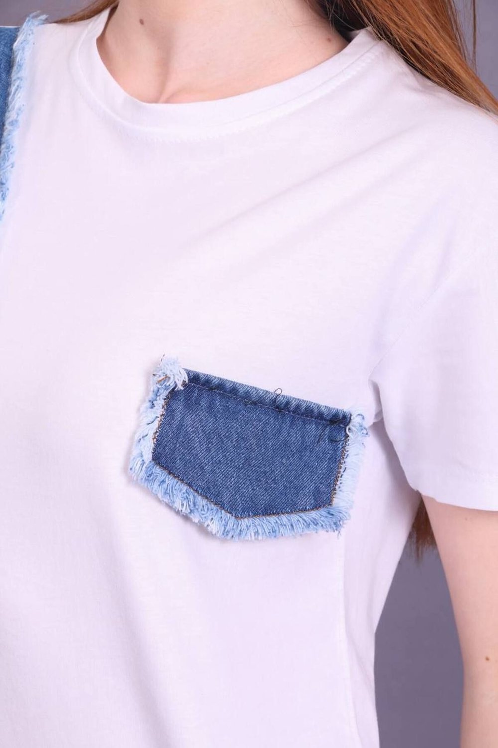 Kadın Beyaz Yeni Sezon Denim Kot Detaylı Tasarım Pamuklu T-Shirt