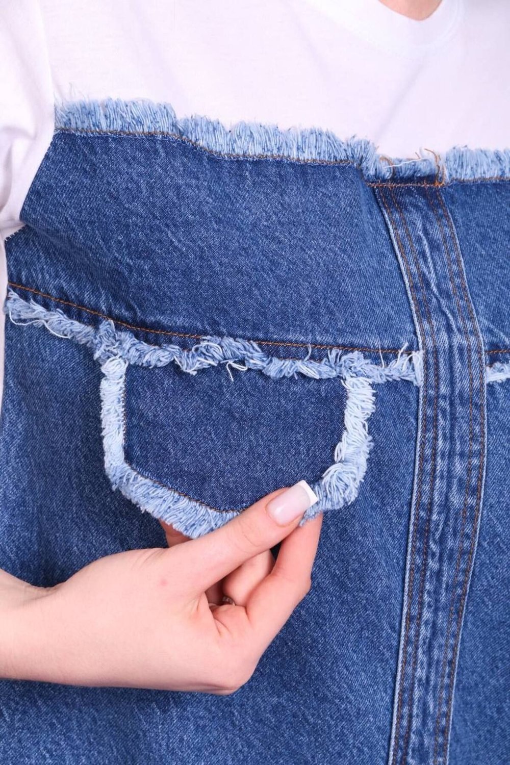 Kadın Beyaz Yeni Sezon Denim Kot Detaylı Tasarım Pamuklu T-Shirt