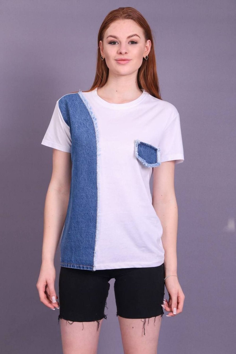 Kadın Beyaz Yeni Sezon Denim Kot Detaylı Tasarım Pamuklu T-Shirt