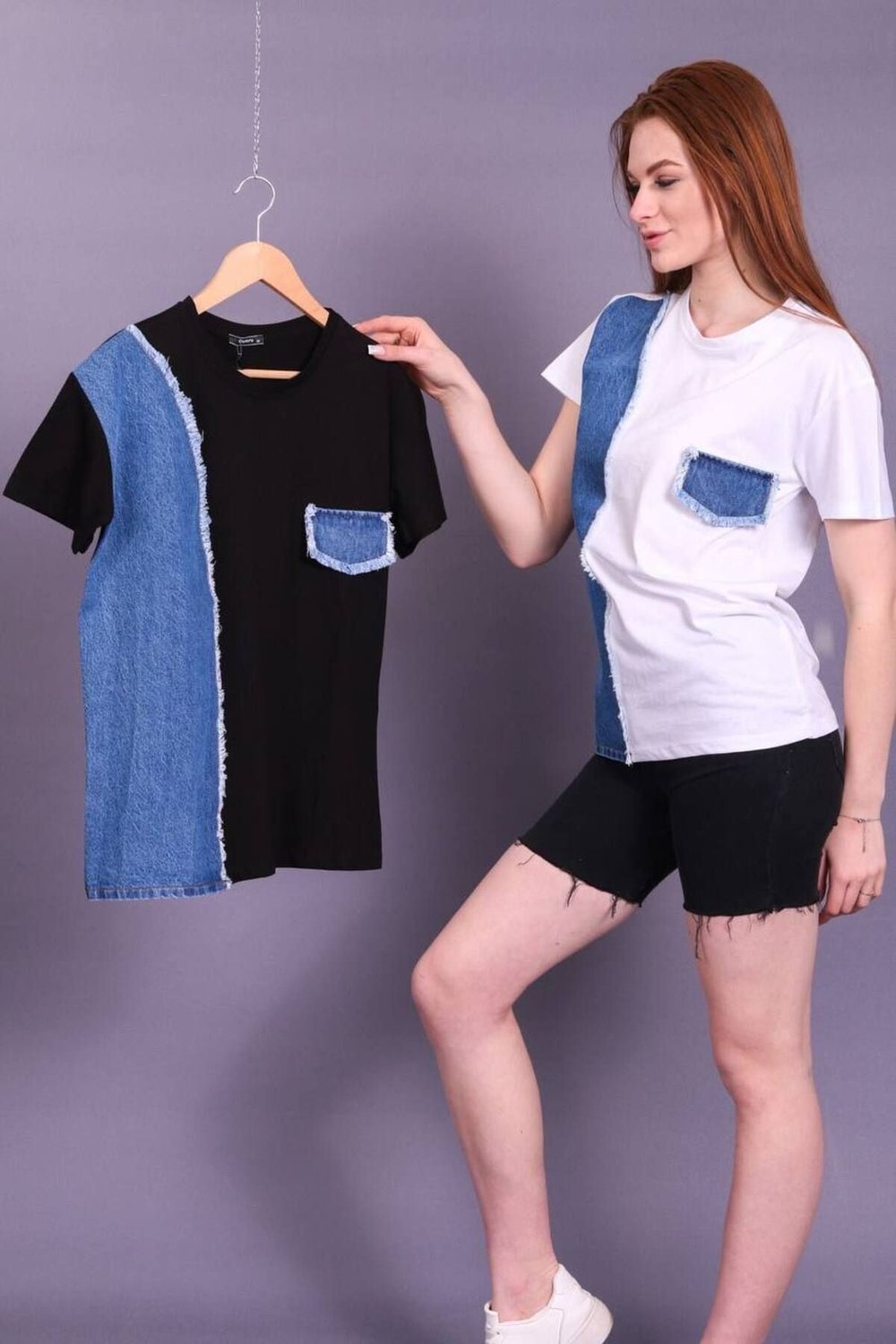 Kadın Beyaz Yeni Sezon Denim Kot Detaylı Tasarım Pamuklu T-Shirt
