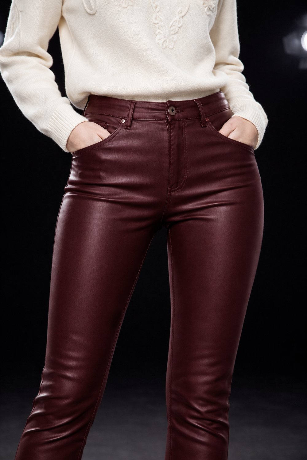 Kadın Bordo Mumlu Kaplama Slim Fit Jean