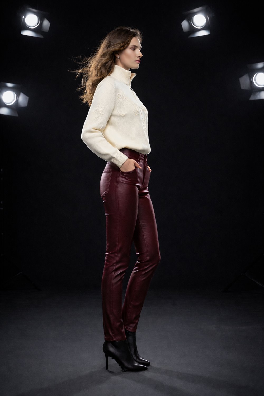 Kadın Bordo Mumlu Kaplama Slim Fit Jean