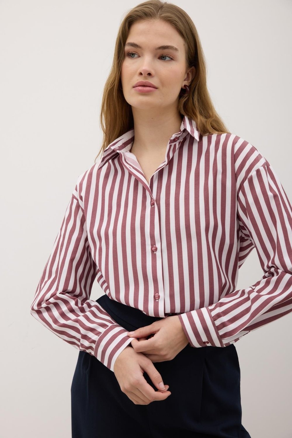 Kadın Haki Oversize Çizgili Gömlek