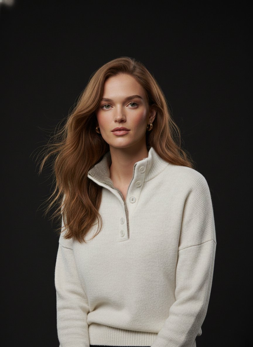 Kadın Krem-Vizon Oversize 2 Patlı Düğmeli Kazak
