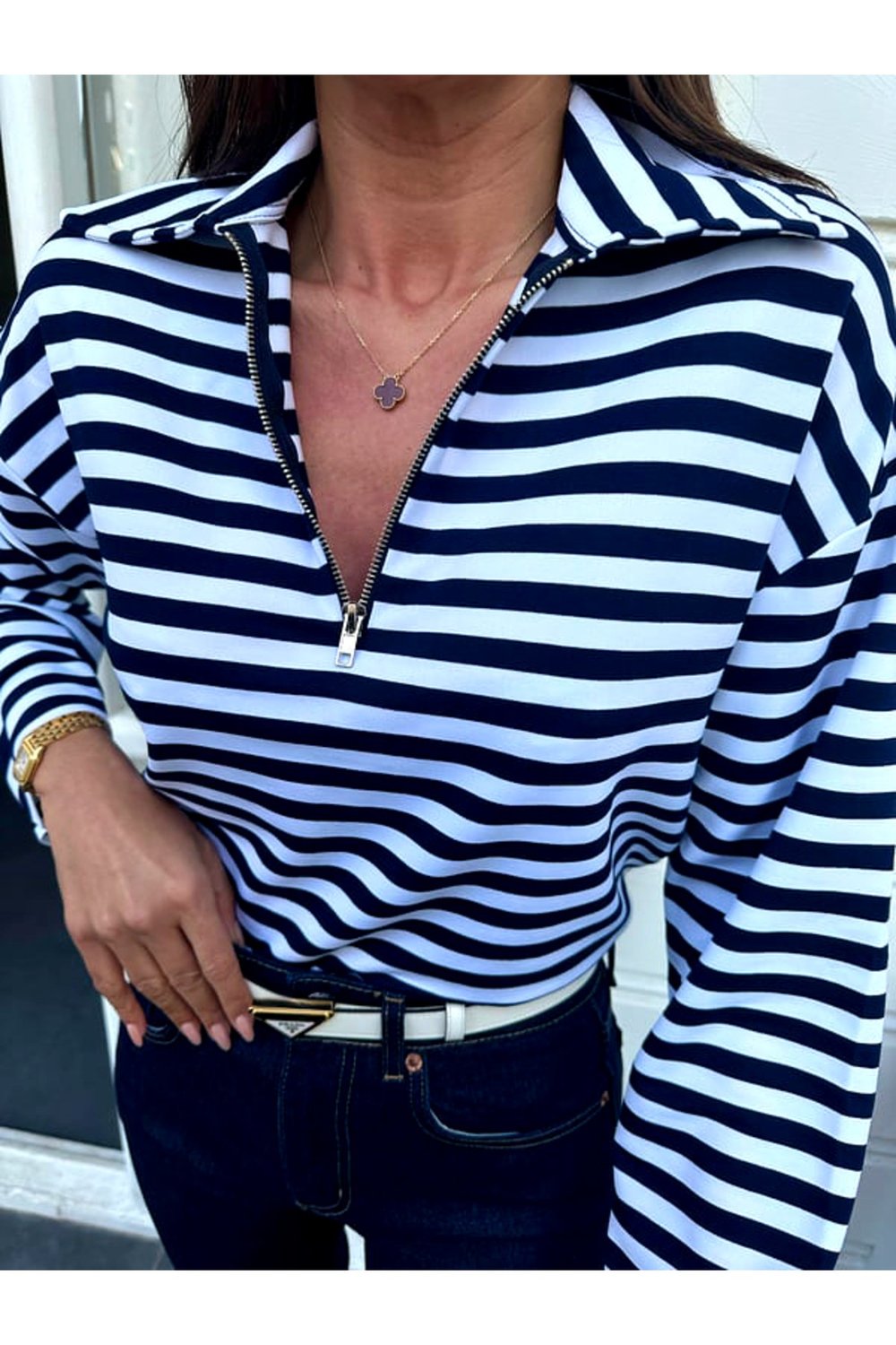 Kadın Lacivert Çizgili Polo Yaka İnce Fermuarlı Sweatshirt
