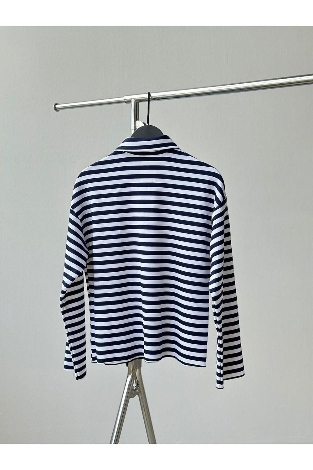 Kadın Lacivert Çizgili Polo Yaka İnce Fermuarlı Sweatshirt