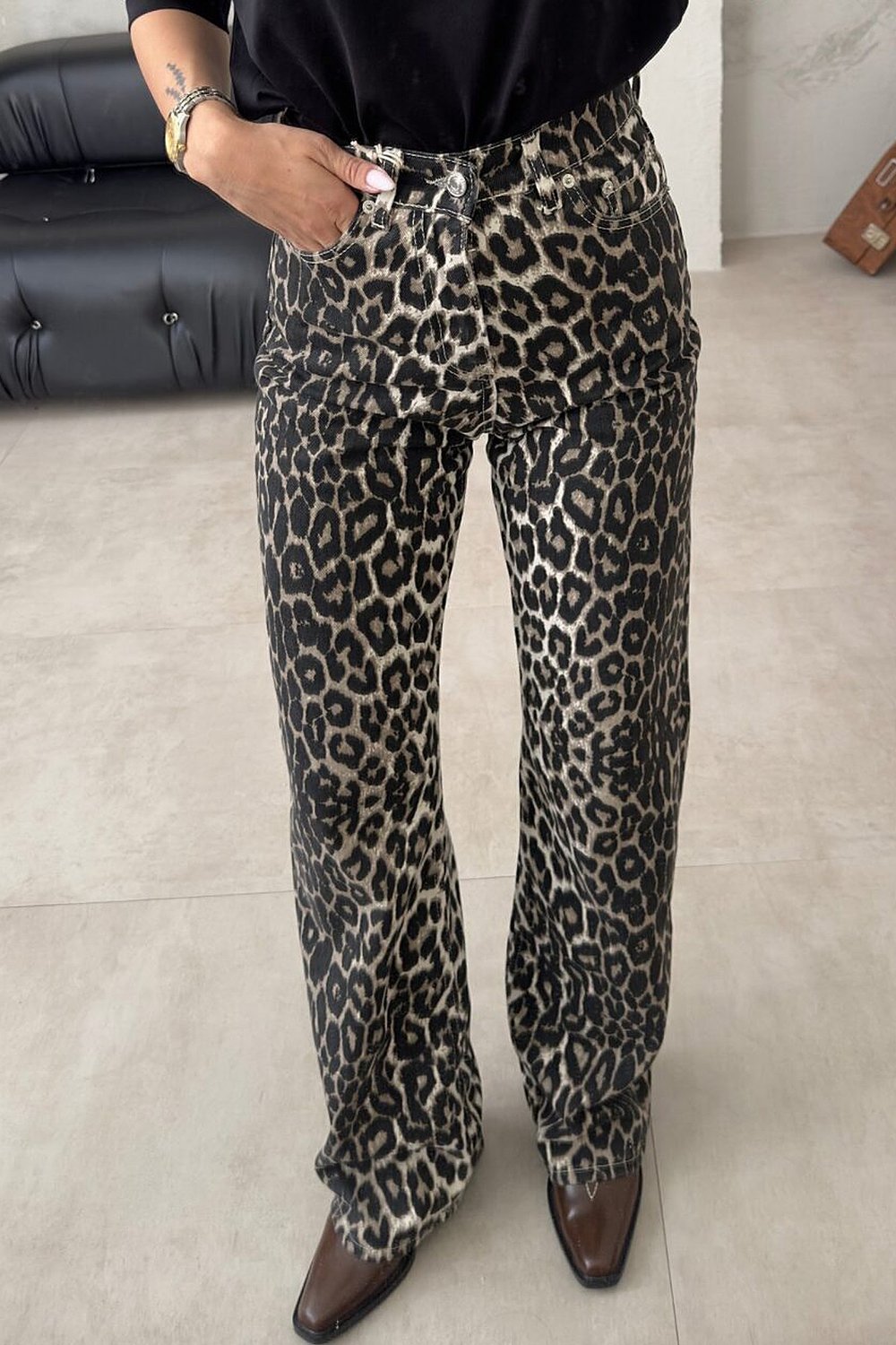 Kadın Leopar Desenli Straight Fit Yüksek Bel Orijinal Zr jean