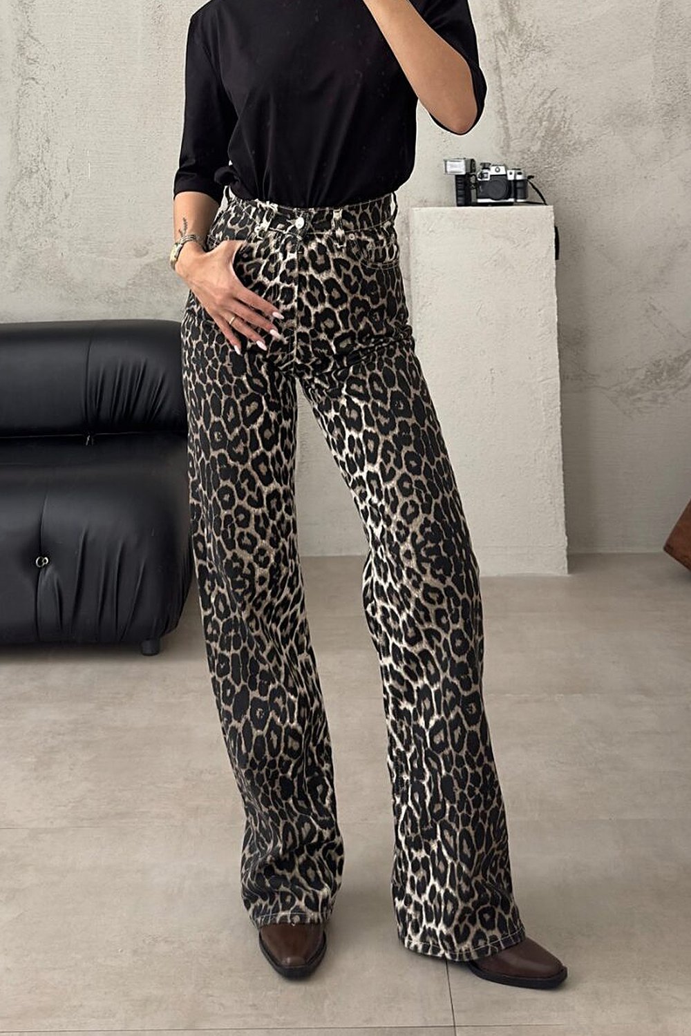 Kadın Leopar Desenli Straight Fit Yüksek Bel Orijinal Zr jean