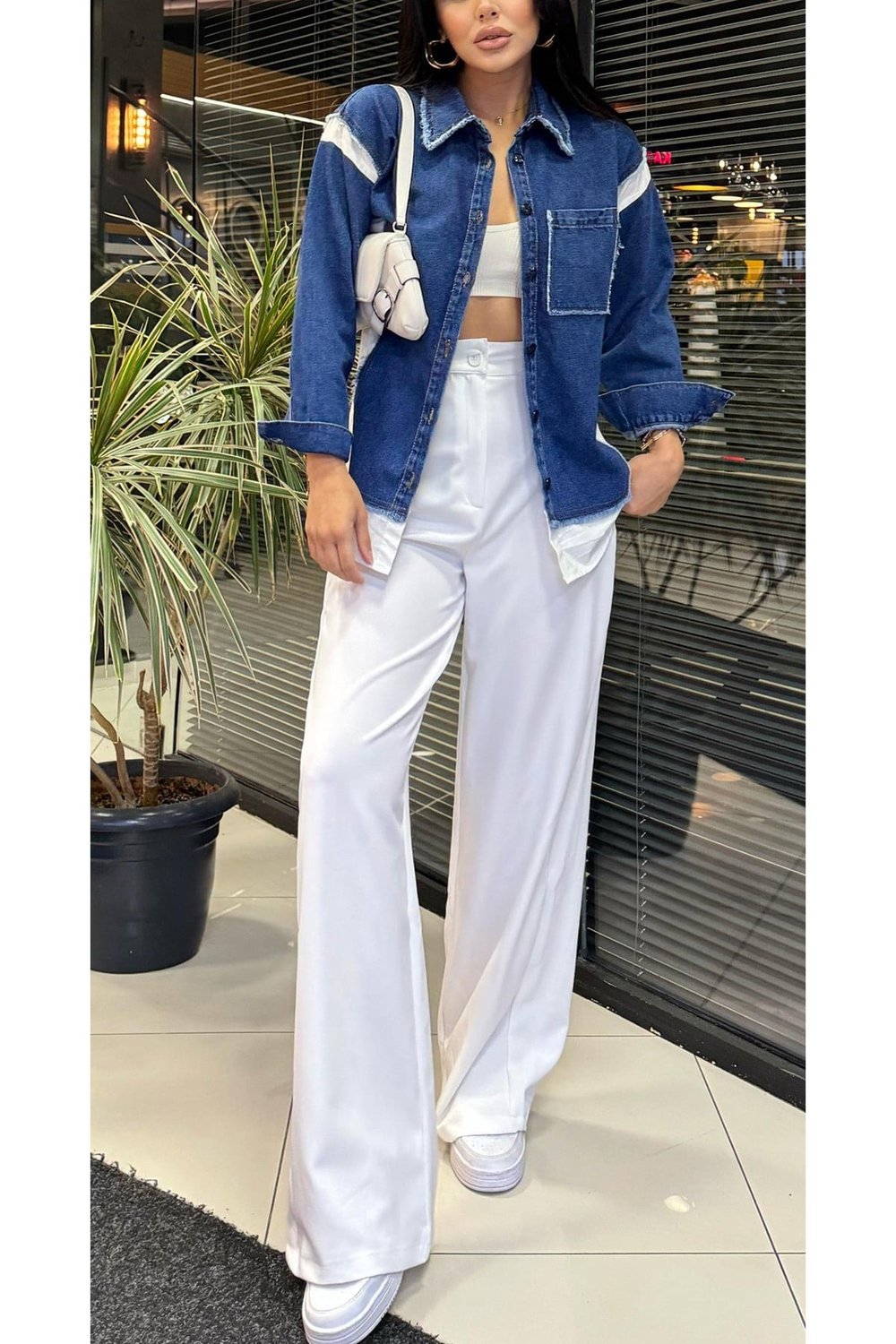 Kadın Mavi Jean Twst Model Tasarım Poplin Gömlek