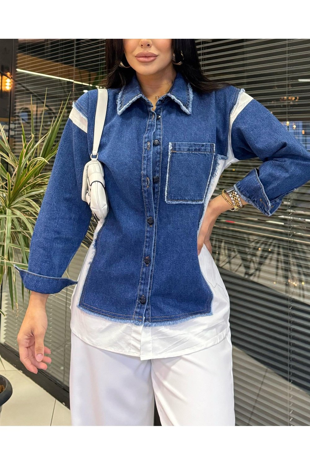 Kadın Mavi Jean Twst Model Tasarım Poplin Gömlek