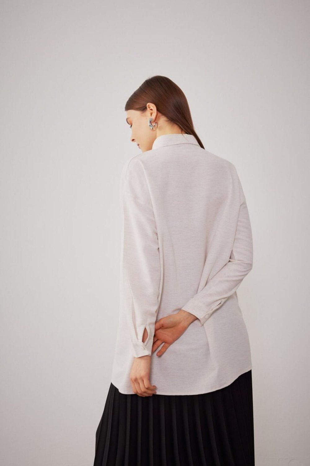 Kadın Oversize Yaprak Motif İncili Pamuk Gömlek