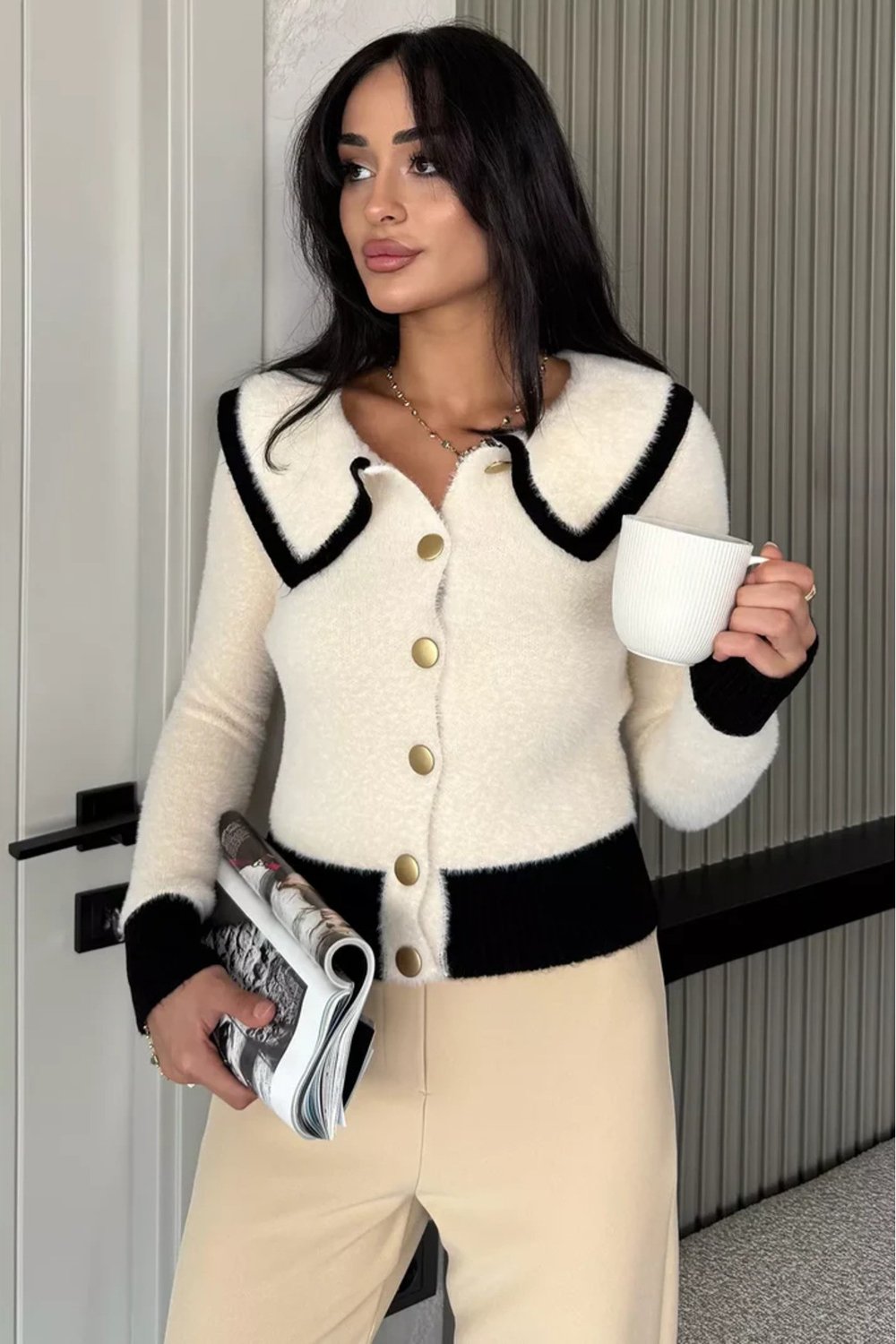 Kadın Beyaz Premium Bebe Yaka Yumoş İplik Triko Ceket
